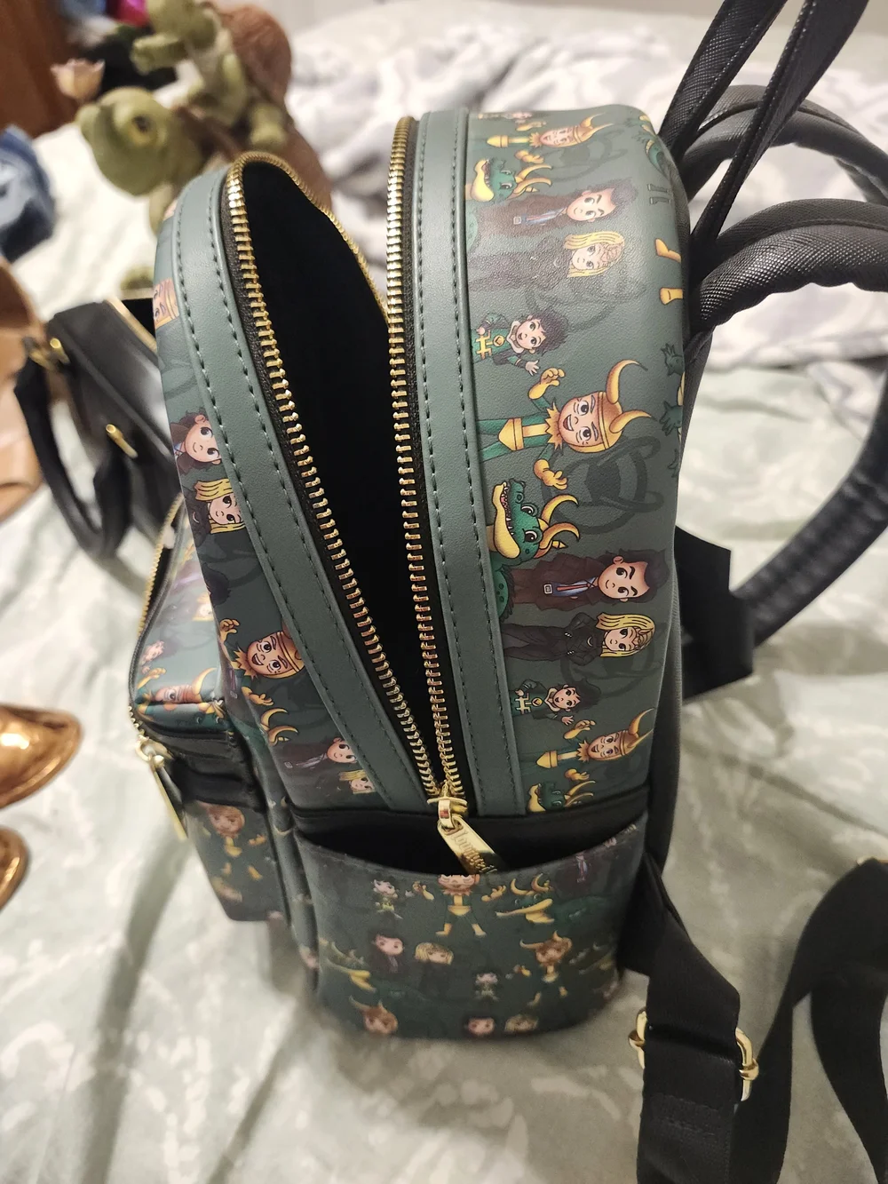 Loungefly Green Loki Character Mini Backpack with Gold Hardware